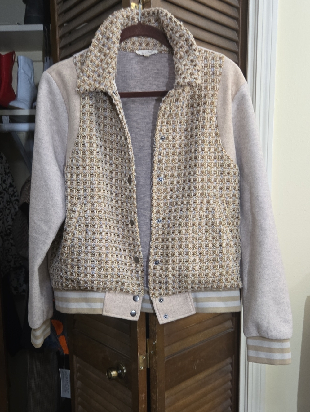 Mystree Beige Tweed Bomber Jacket